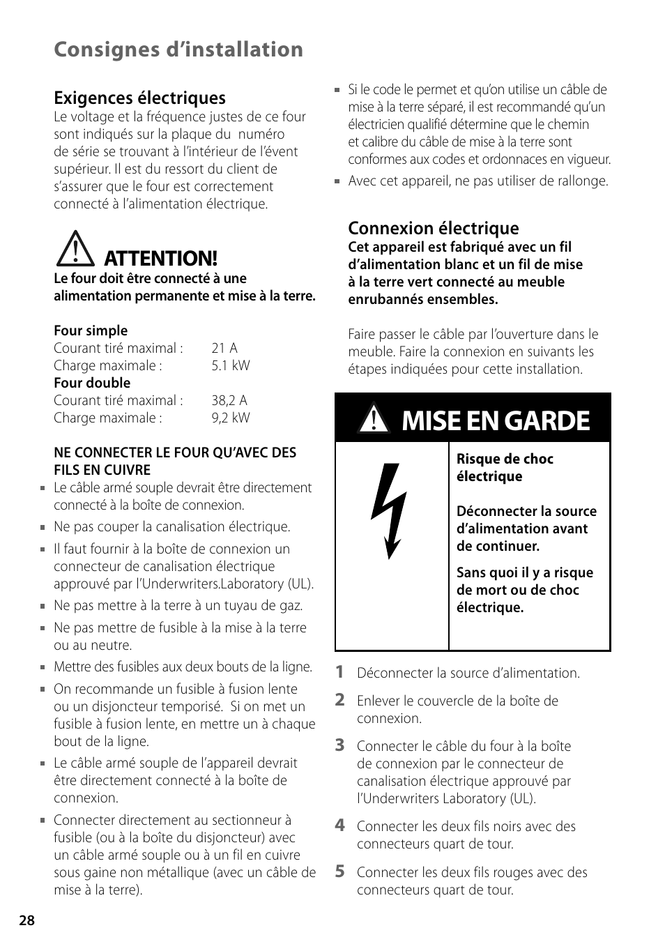 Mise en garde, Attention, Consignes d’installation | Exigences électriques, Connexion électrique | Fisher & Paykel OD302 User Manual | Page 28 / 32