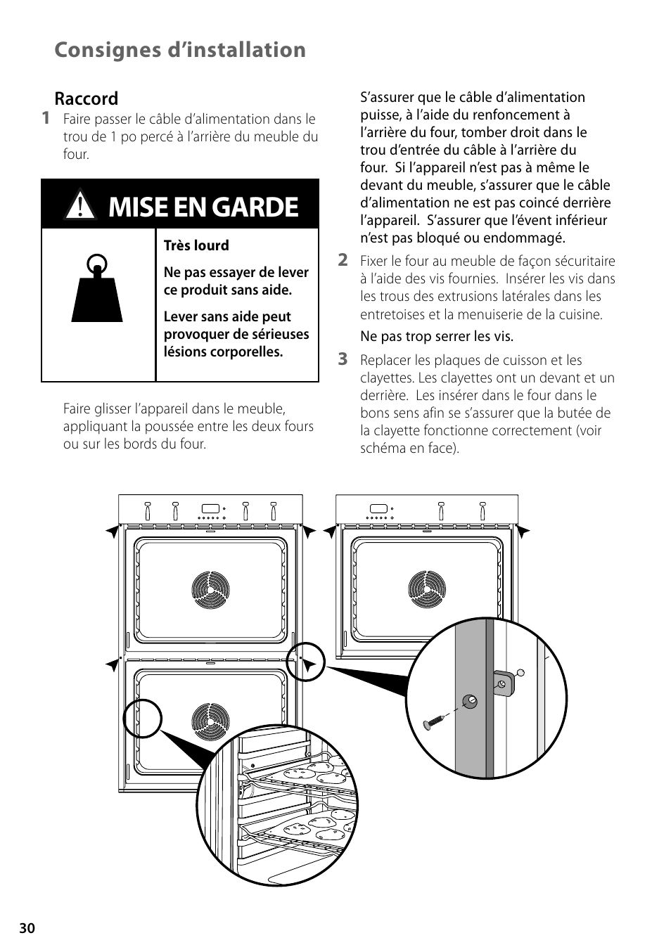 Mise en garde, Consignes d’installation | Fisher & Paykel OD302 User Manual | Page 30 / 32