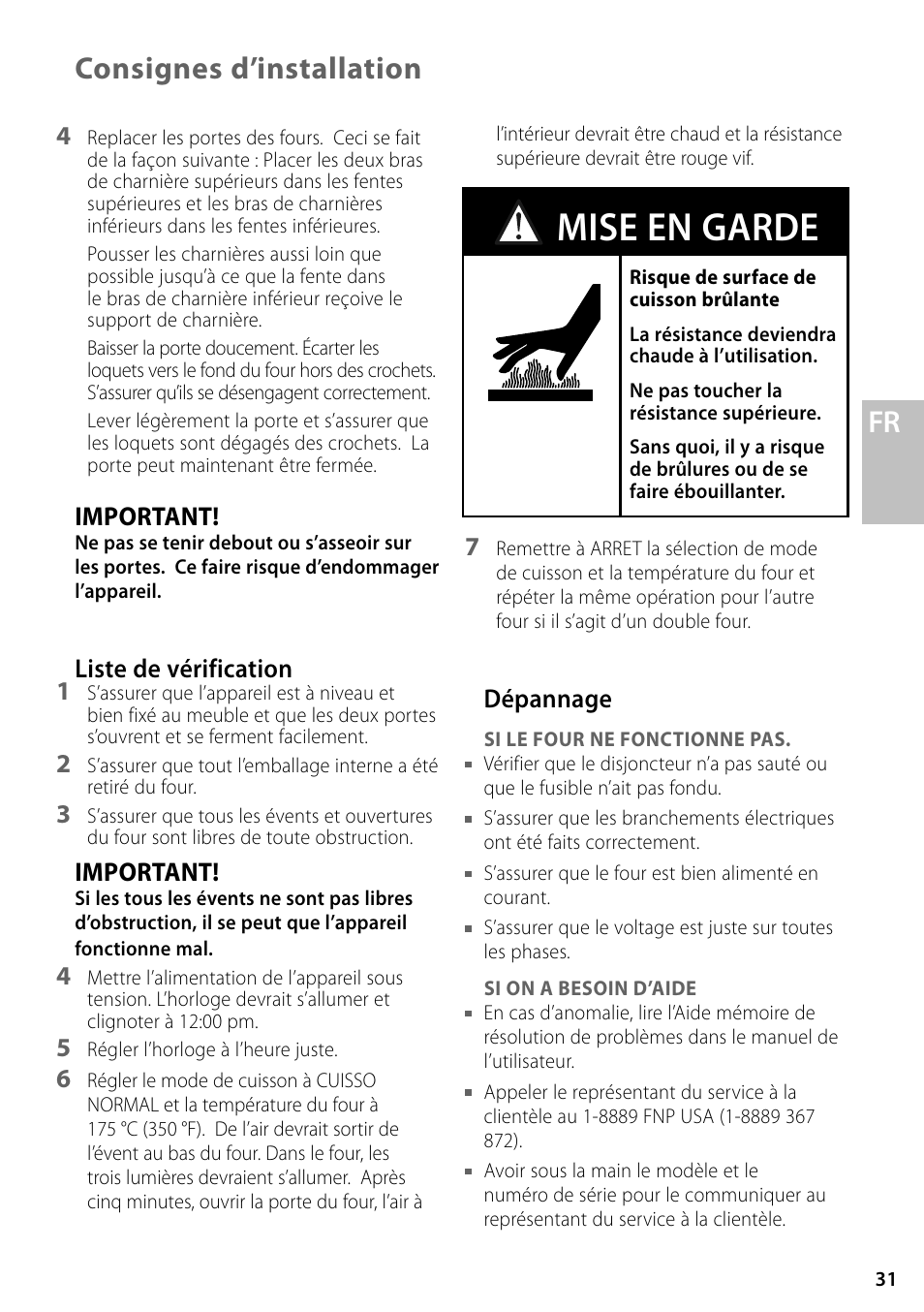 Mise en garde, Consignes d’installation fr, Important | Liste de vérification 1, Dépannage | Fisher & Paykel OD302 User Manual | Page 31 / 32