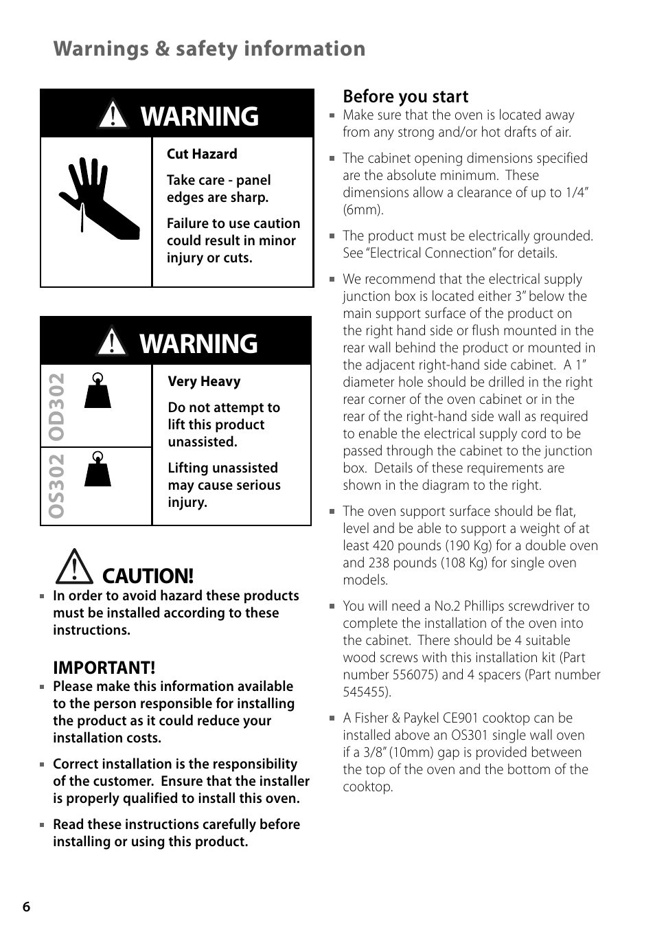 Warning, Warnings & safety information, Caution | Fisher & Paykel OD302 User Manual | Page 6 / 32
