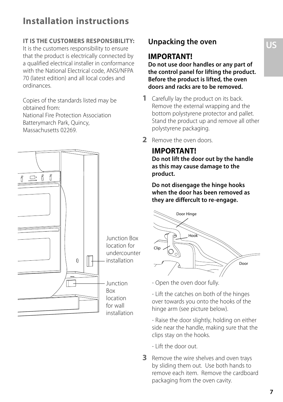 Us installation instructions, Unpacking the oven important, Important | Fisher & Paykel OD302 User Manual | Page 7 / 32