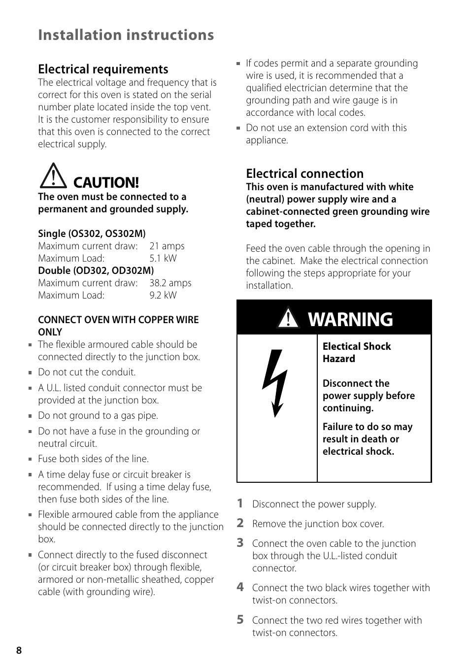 Warning, Caution, Installation instructions | Electrical requirements, Electrical connection | Fisher & Paykel OD302 User Manual | Page 8 / 32