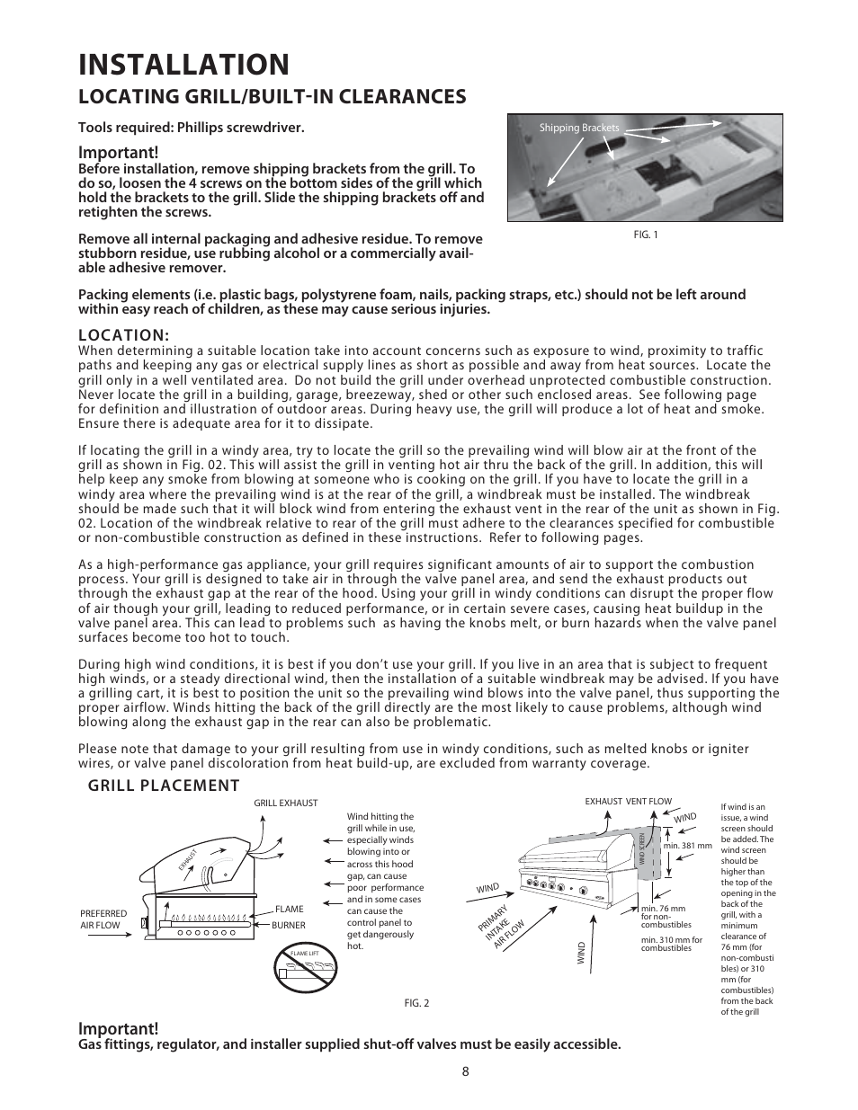 Installation, Locating grill/built-in clearances, Important | Location, Grill placement, Tools required: phillips screwdriver | Fisher & Paykel BGB48 User Manual | Page 10 / 48