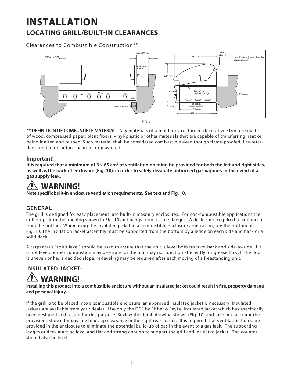 Installation, Warning, Locating grill/built-in clearances | Important, General, Insulated jacket, Clearances to combustible construction | Fisher & Paykel BGB48 User Manual | Page 13 / 48