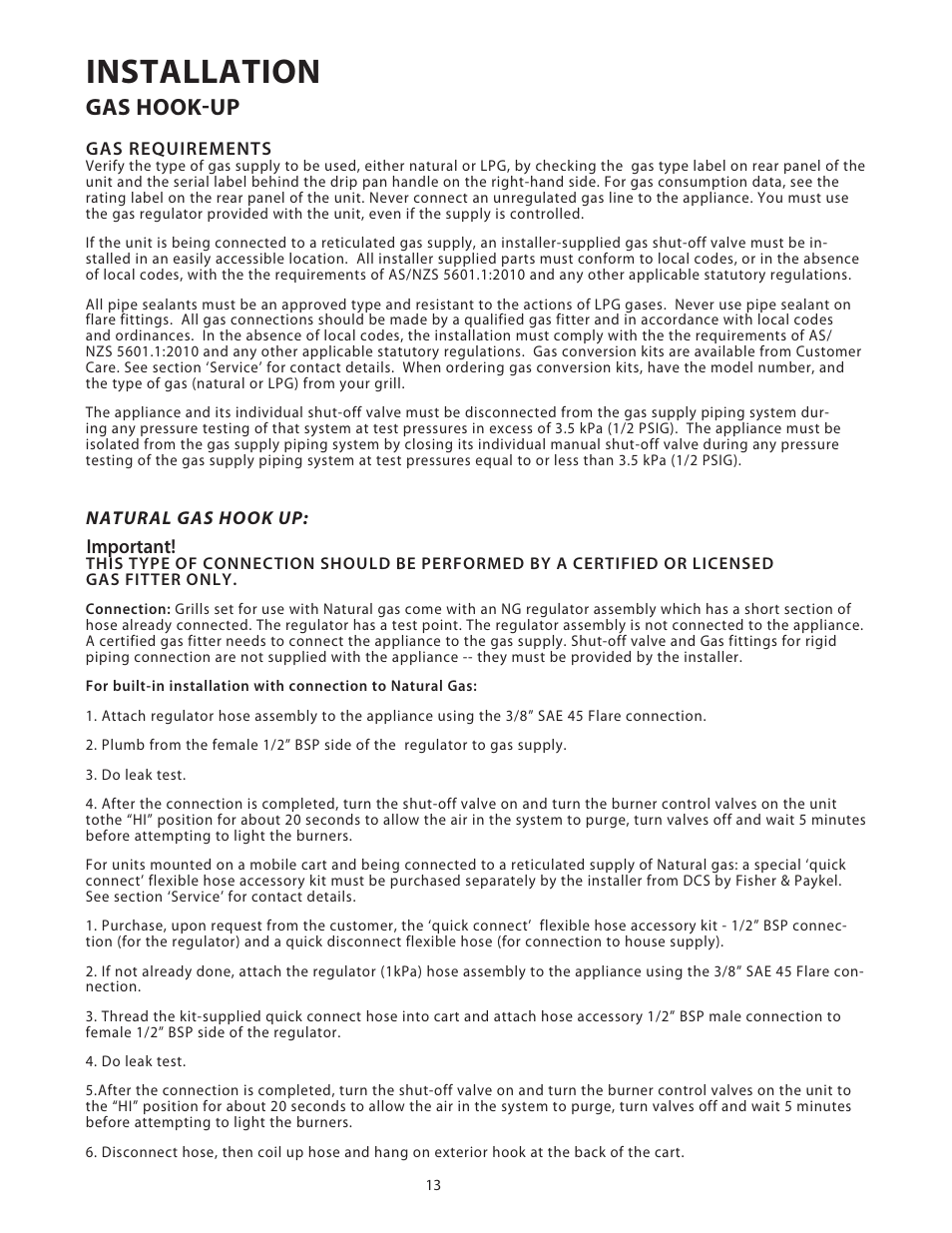 Installation, Gas hook-up | Fisher & Paykel BGB48 User Manual | Page 15 / 48