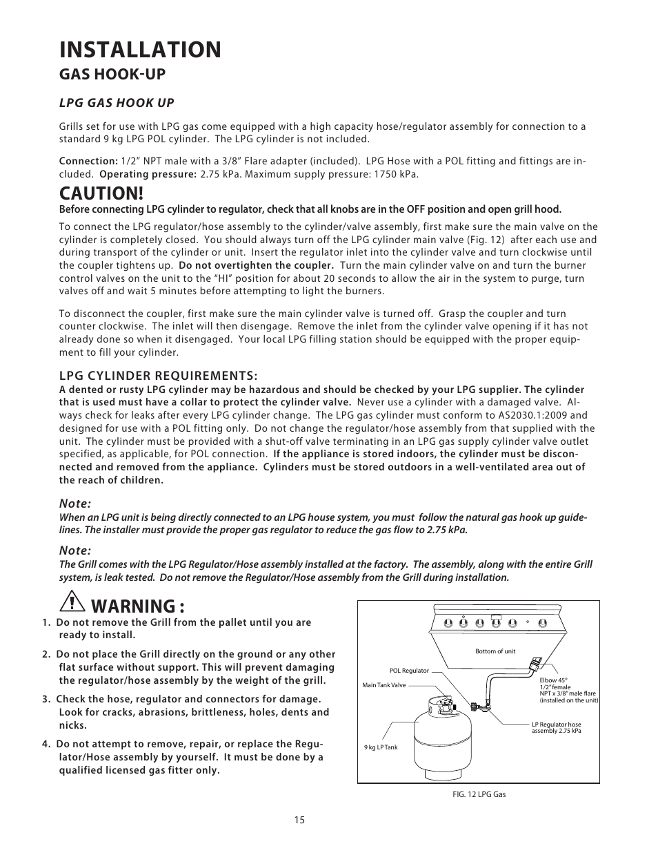 Installation, Caution, Warning | Gas hook-up | Fisher & Paykel BGB48 User Manual | Page 17 / 48
