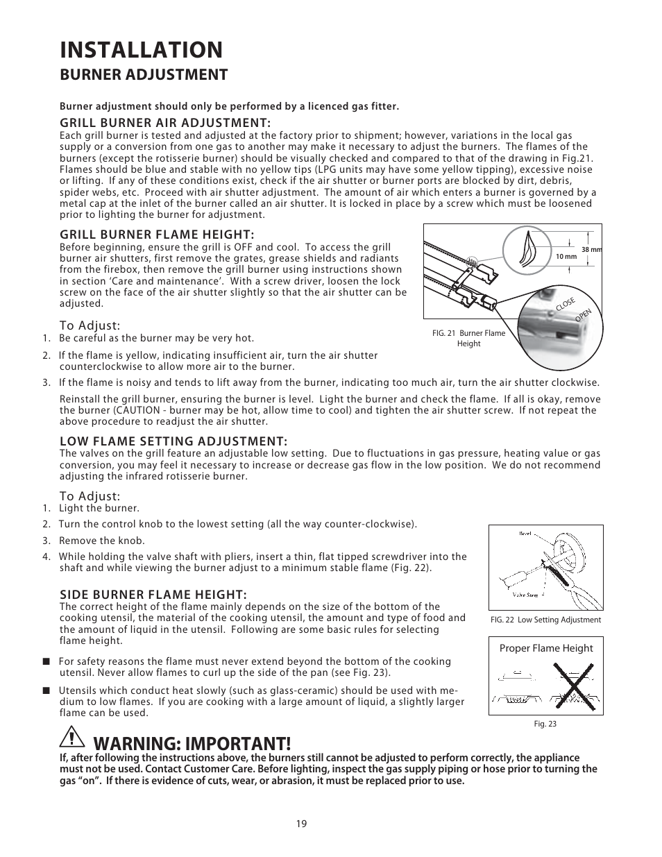 Installation, Warning: important, Burner adjustment | Fisher & Paykel BGB48 User Manual | Page 21 / 48