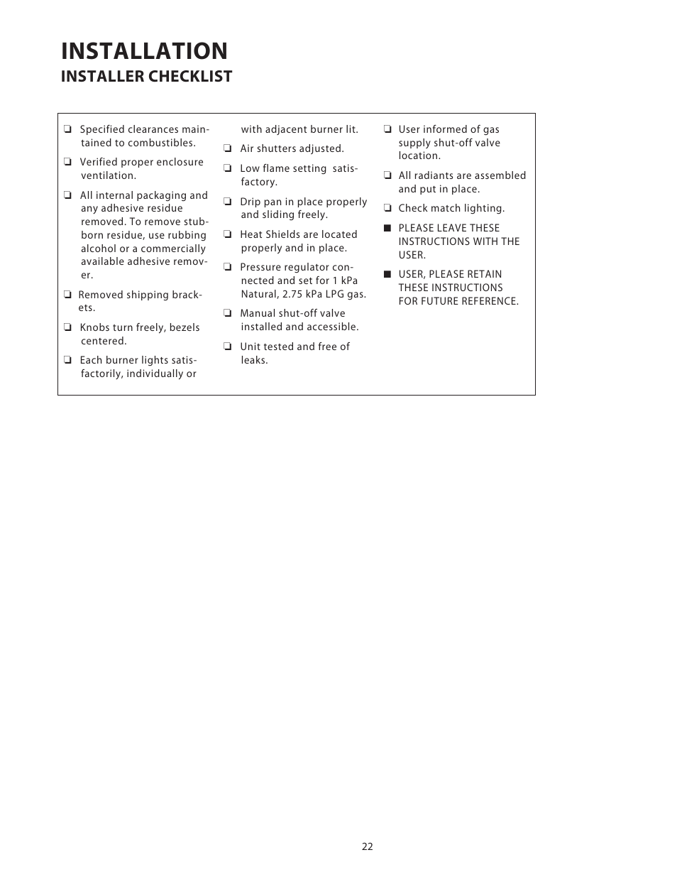 Installation, Installer checklist | Fisher & Paykel BGB48 User Manual | Page 24 / 48