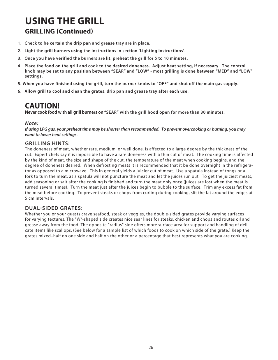 Using the grill, Caution, Grilling (continued) | Fisher & Paykel BGB48 User Manual | Page 28 / 48