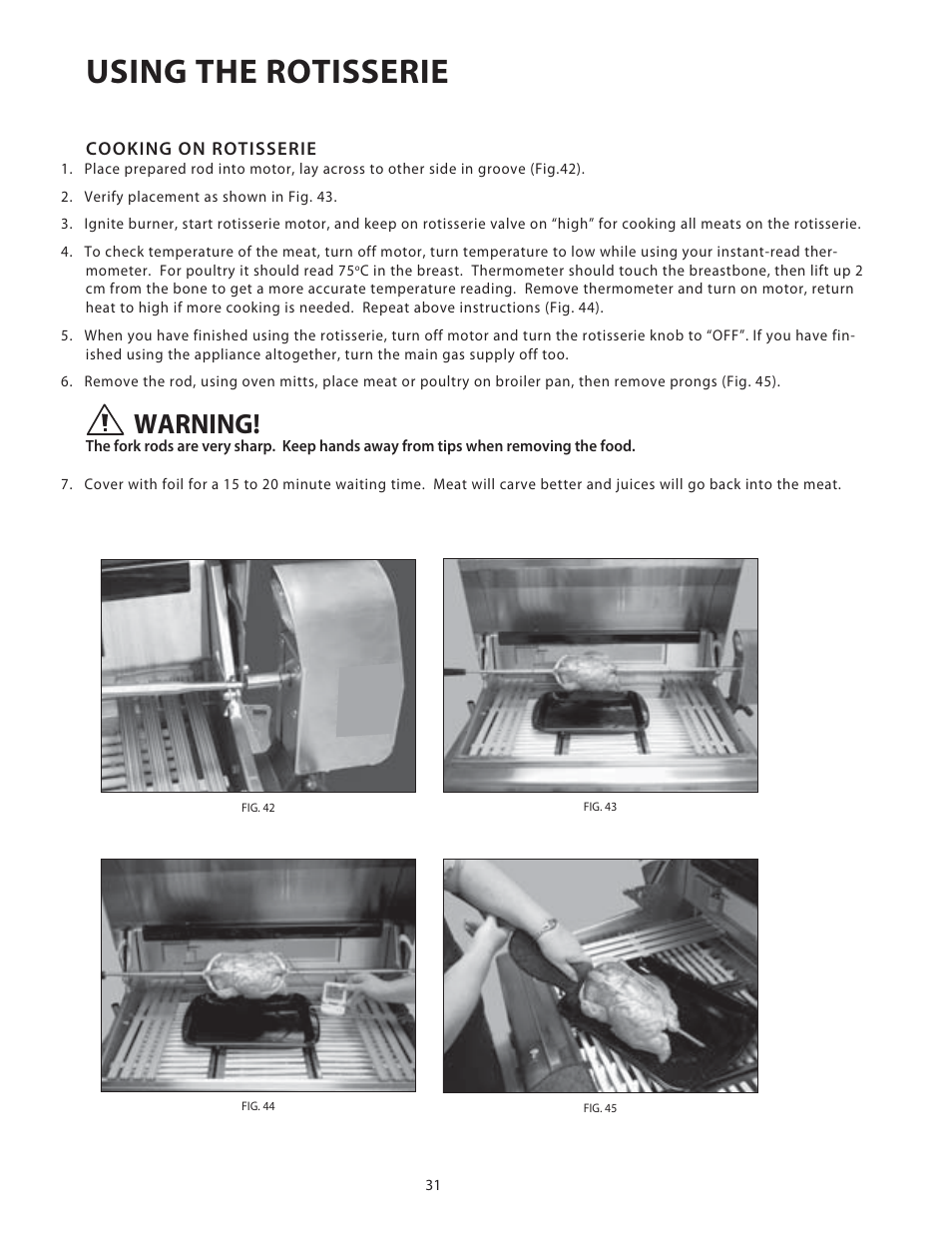 Using the rotisserie, Warning | Fisher & Paykel BGB48 User Manual | Page 33 / 48