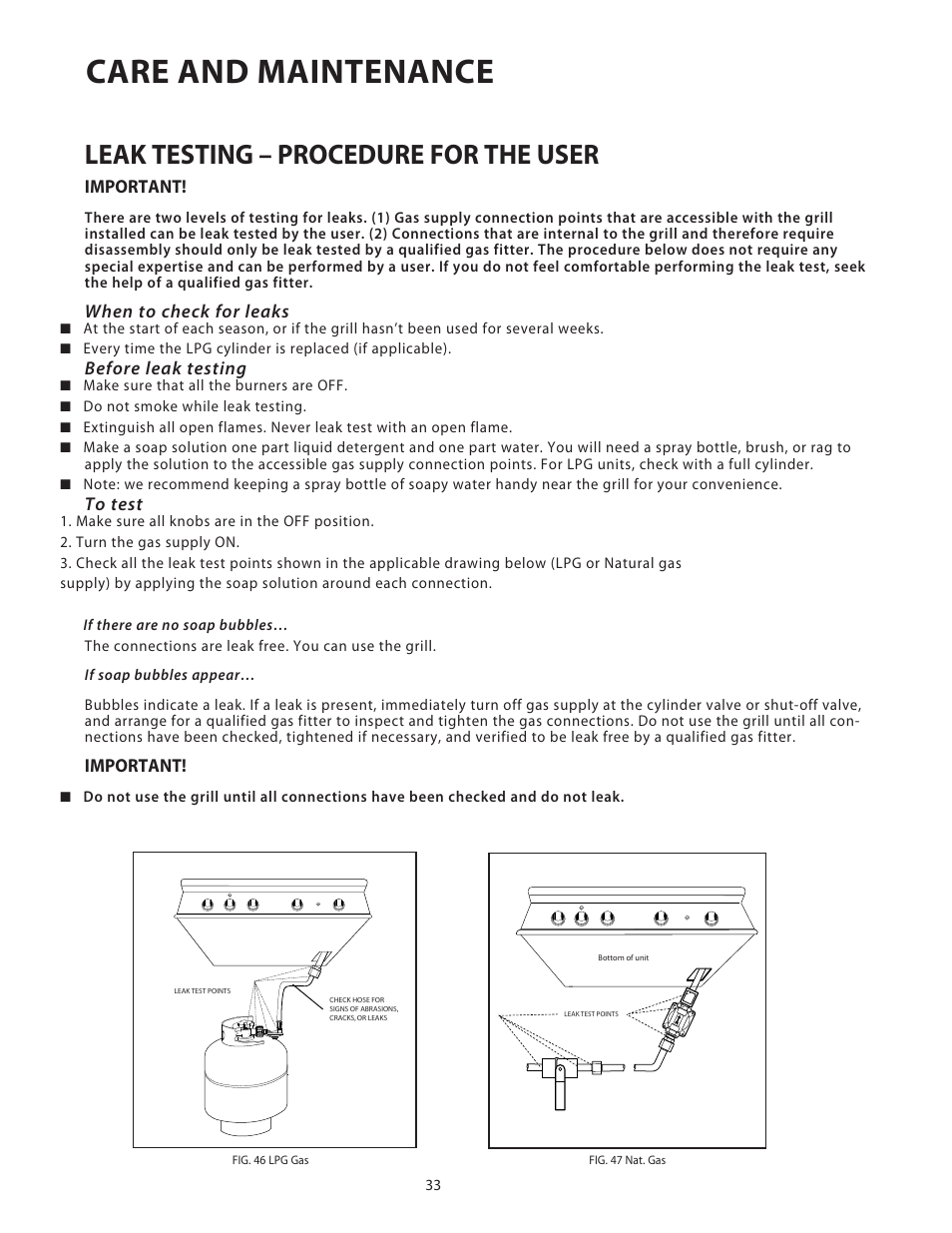 Care and maintenance, Leak testing – procedure for the user | Fisher & Paykel BGB48 User Manual | Page 35 / 48