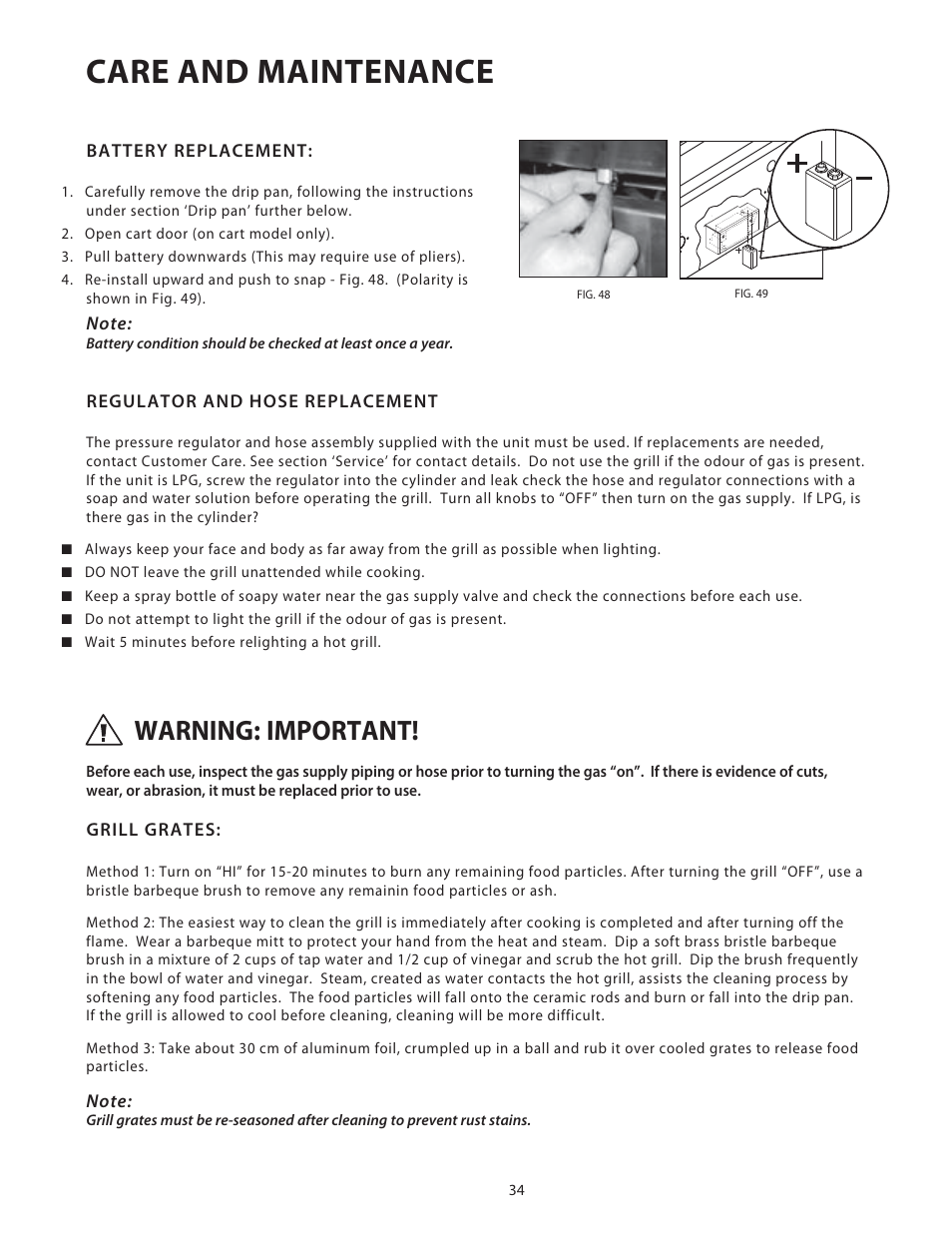 Care and maintenance, Warning: important | Fisher & Paykel BGB48 User Manual | Page 36 / 48