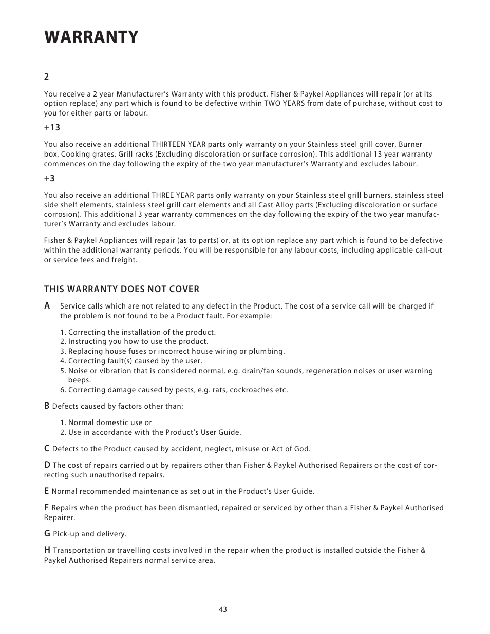 Warranty | Fisher & Paykel BGB48 User Manual | Page 45 / 48