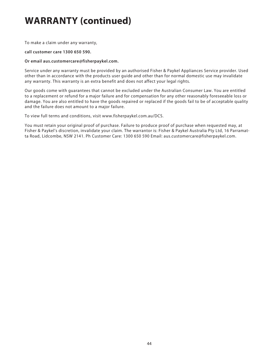 Warranty (continued) | Fisher & Paykel BGB48 User Manual | Page 46 / 48