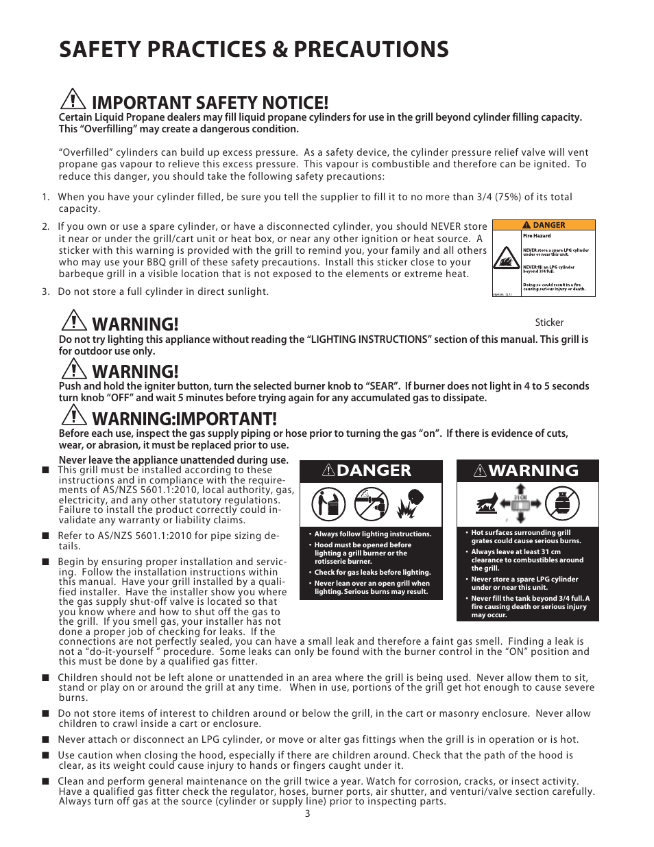 Safety practices & precautions, Important safety notice, Warning | Warning:important | Fisher & Paykel BGB48 User Manual | Page 5 / 48