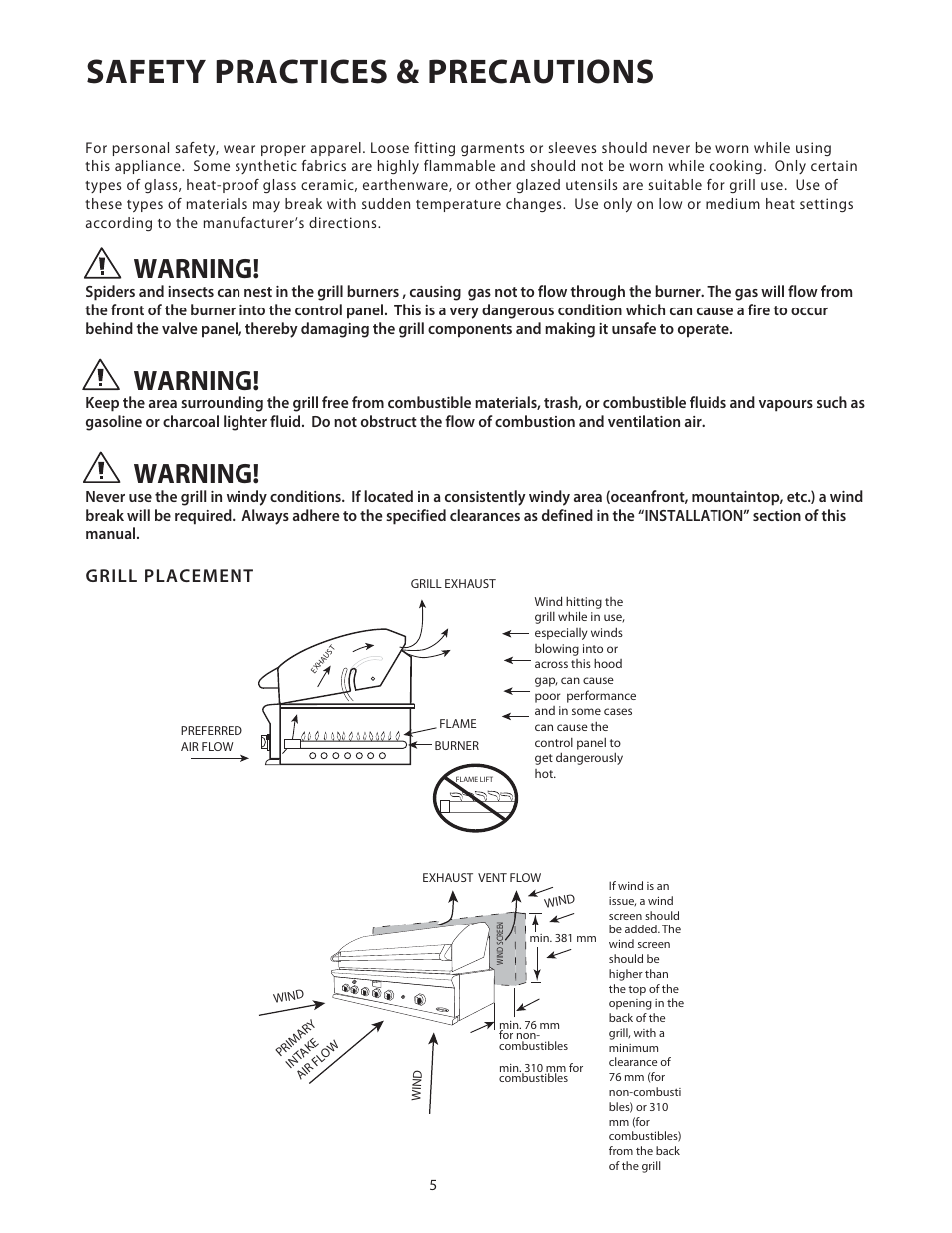 Safety practices & precautions, Warning, Grill placement | Fisher & Paykel BGB48 User Manual | Page 7 / 48