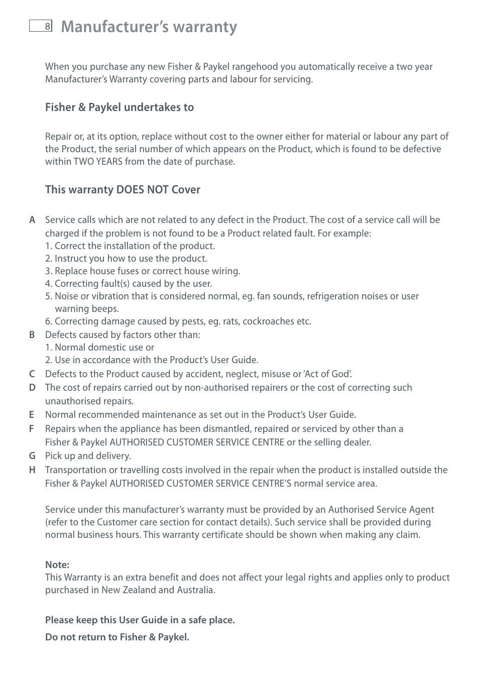 Manufacturer’s warranty | Fisher & Paykel HS60CSW1 User Manual | Page 10 / 12