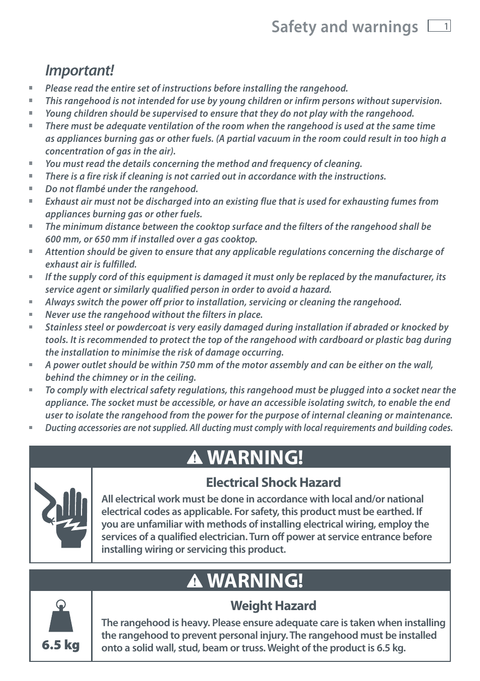 Warning, Safety and warnings, Important | Electrical shock hazard, Weight hazard | Fisher & Paykel HS60CSW1 User Manual | Page 3 / 12