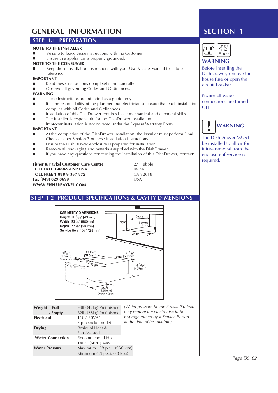 Warning | Fisher & Paykel DS602I User Manual | Page 3 / 20