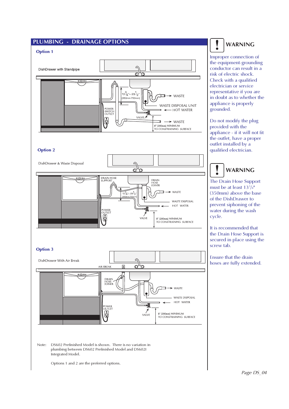 Plumbing - drainage options, Warning | Fisher & Paykel DS602I User Manual | Page 5 / 20