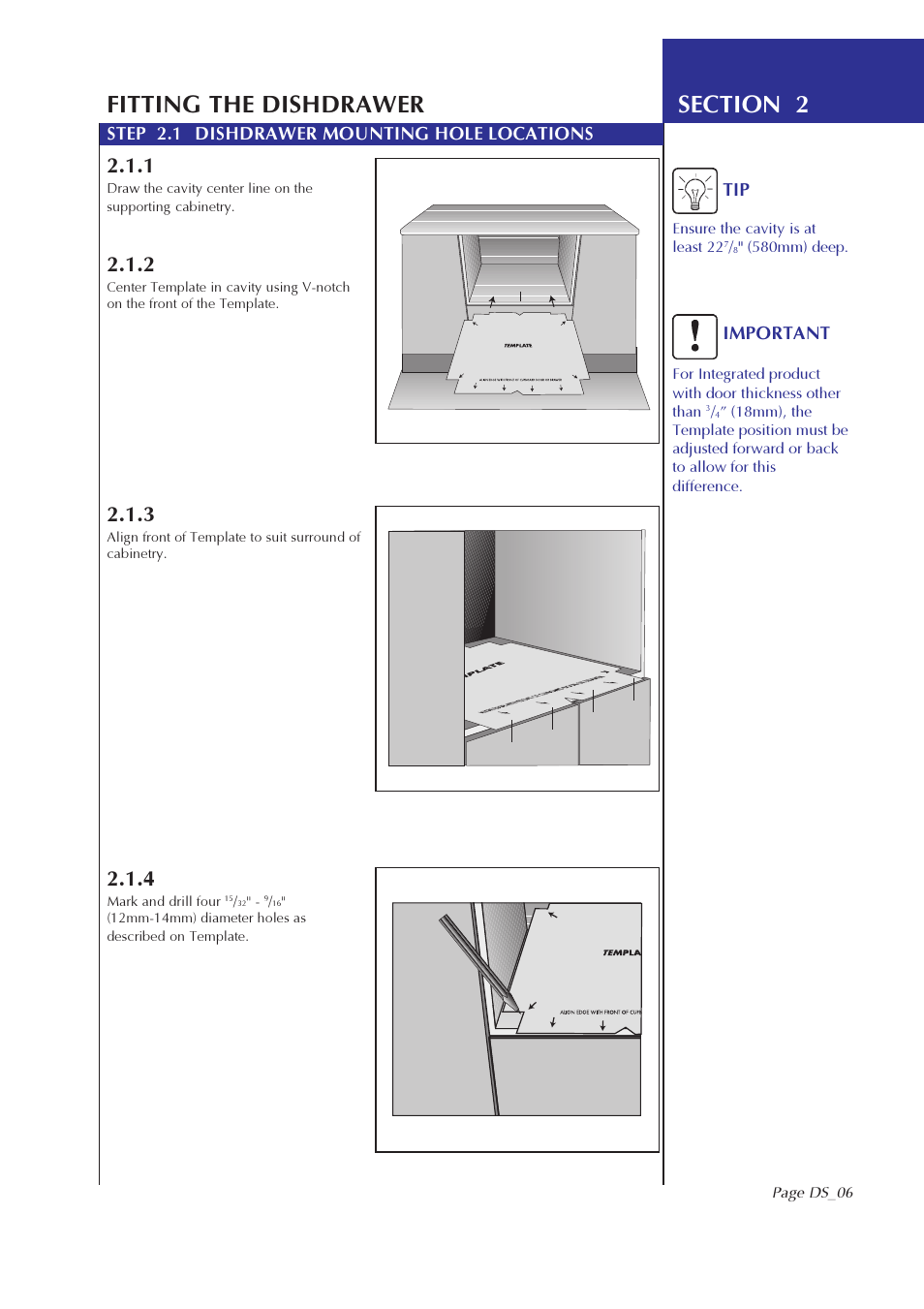 Tip step 2.1 dishdrawer mounting hole locations, Important | Fisher & Paykel DS602I User Manual | Page 7 / 20