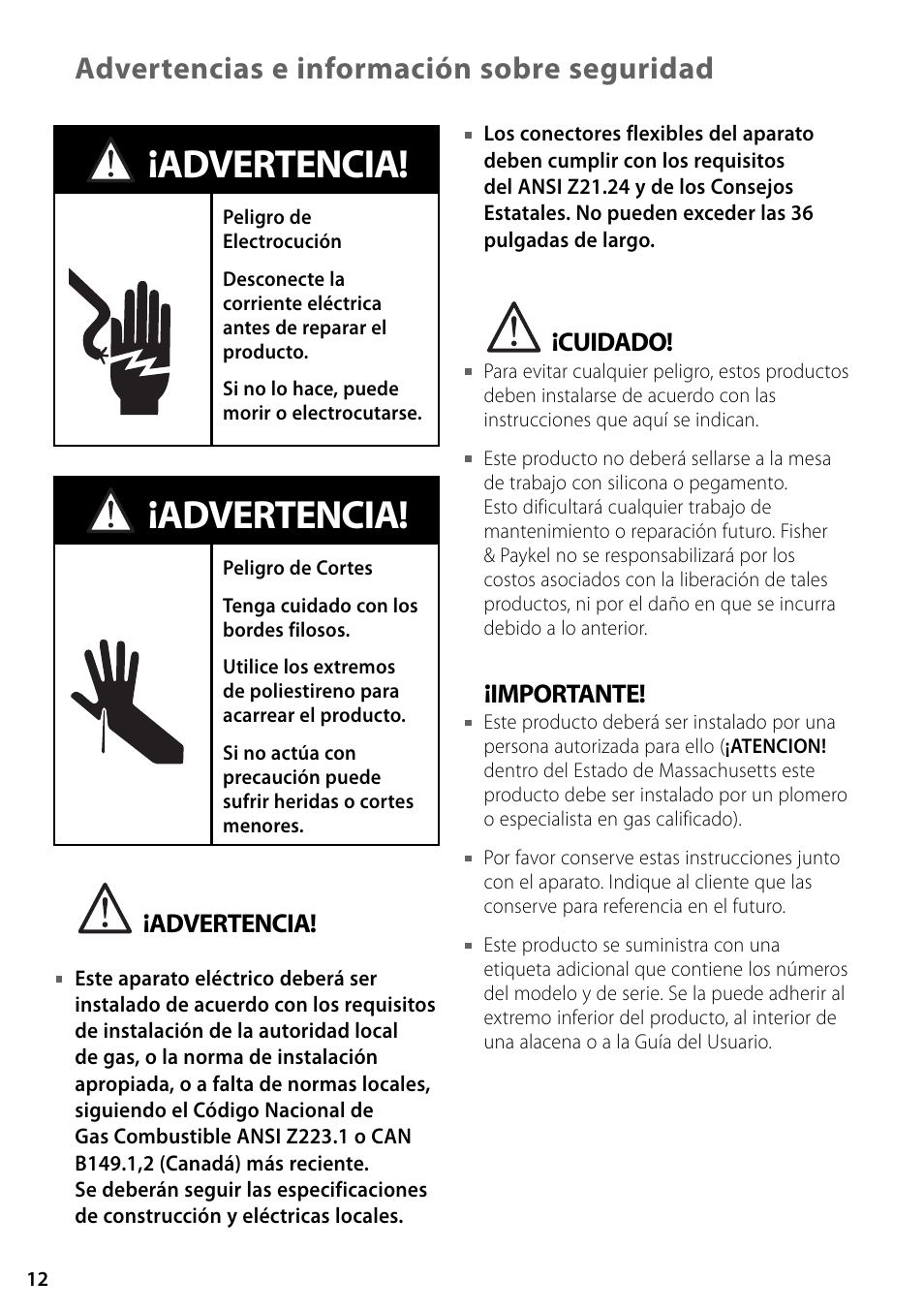 Advertencia, Advertencias e información sobre seguridad, Cuidado | Importante | Fisher & Paykel GC36 User Manual | Page 12 / 32