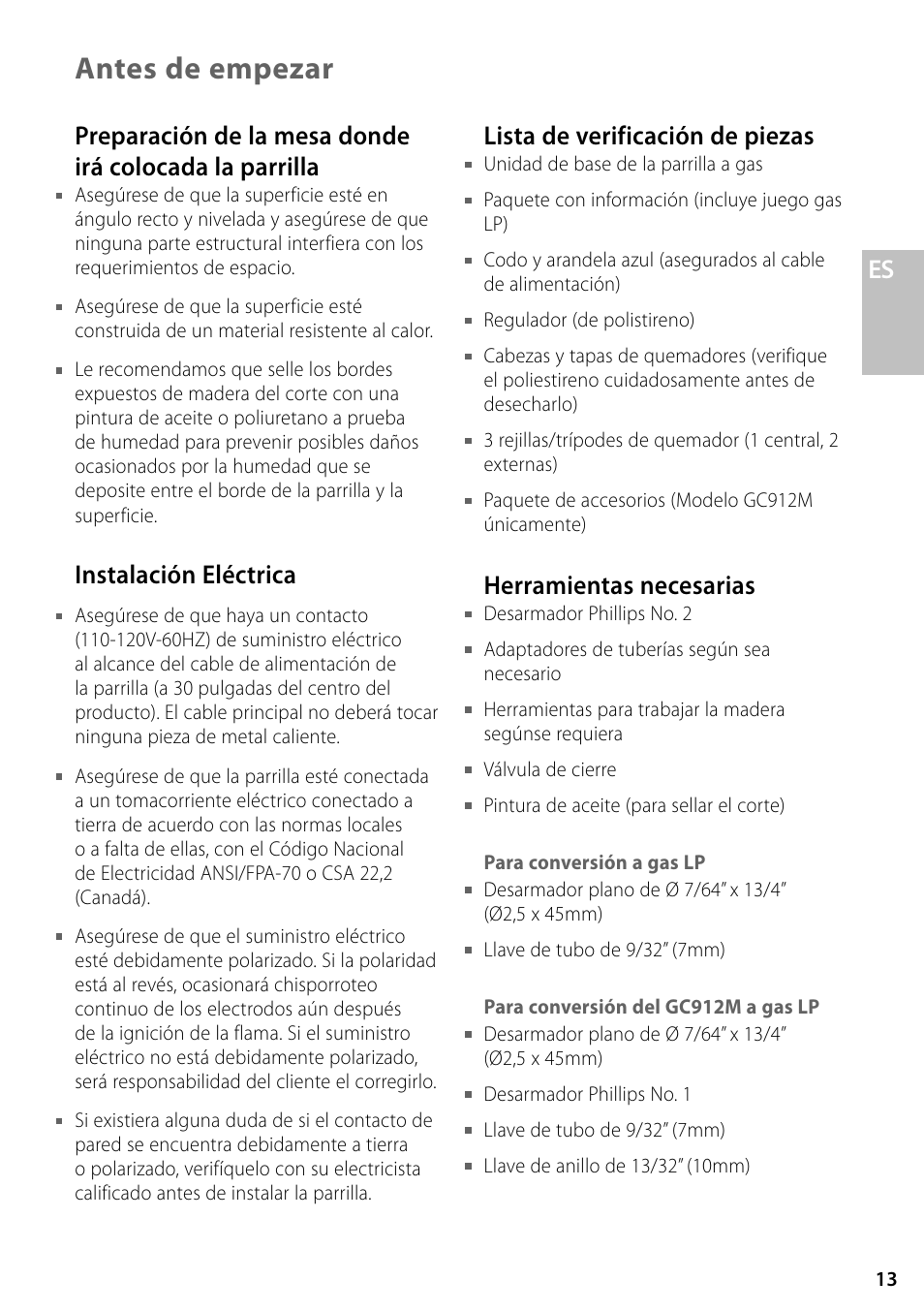 Antes de empezar, Instalación eléctrica, Lista de verificación de piezas | Herramientas necesarias | Fisher & Paykel GC36 User Manual | Page 13 / 32