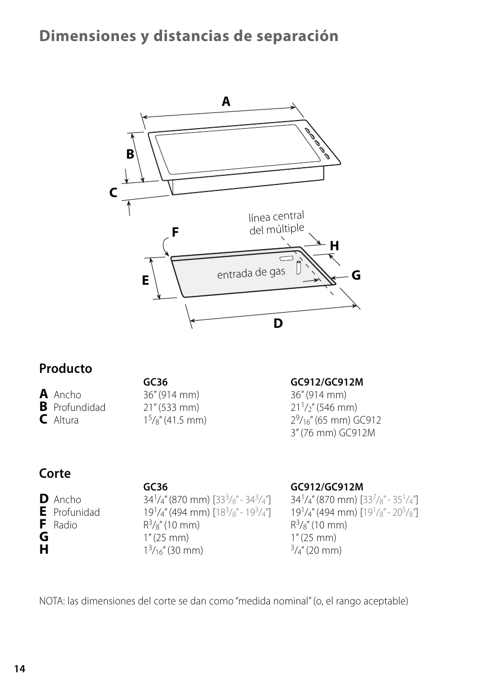 Dimensiones y distancias de separación, Producto, Corte | Fisher & Paykel GC36 User Manual | Page 14 / 32
