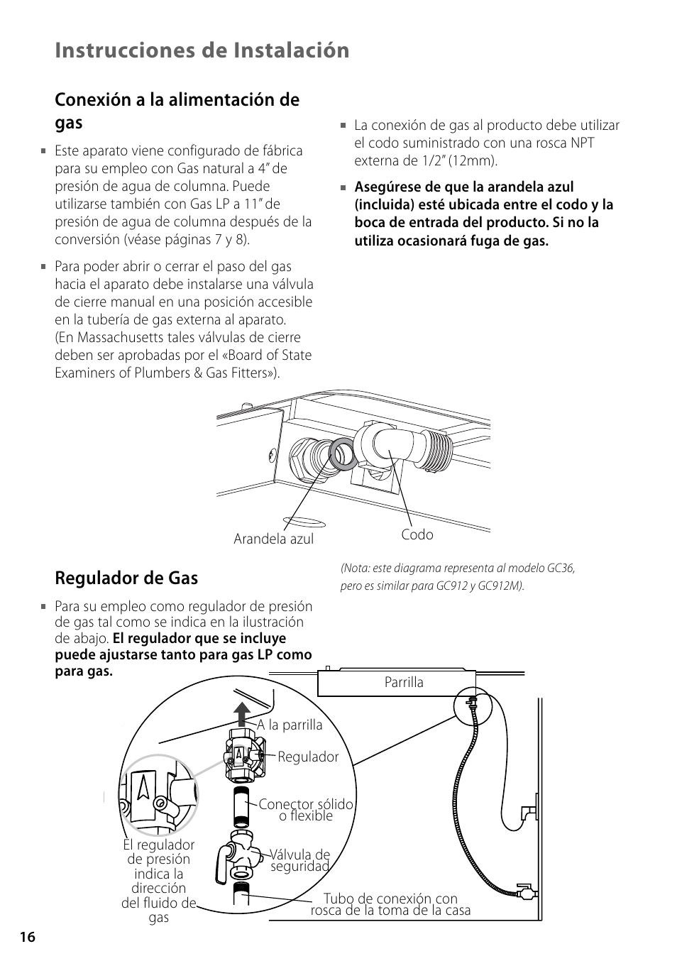 Instrucciones de instalación, Conexión a la alimentación de gas, Regulador de gas | Fisher & Paykel GC36 User Manual | Page 16 / 32