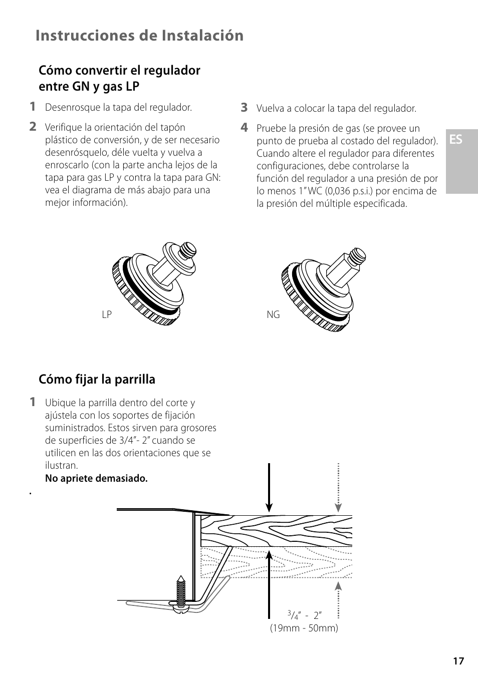Instrucciones de instalación, Cómo convertir el regulador entre gn y gas lp 1, Cómo fijar la parrilla 1 | Fisher & Paykel GC36 User Manual | Page 17 / 32