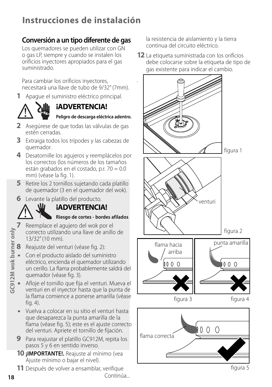 Instrucciones de instalación, Conversión a un tipo diferente de gas, Advertencia | Fisher & Paykel GC36 User Manual | Page 18 / 32