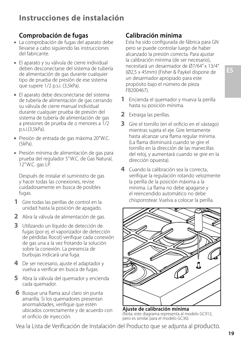 Instrucciones de instalación, Calibración mínima, Comprobación de fugas | Producto | Fisher & Paykel GC36 User Manual | Page 19 / 32