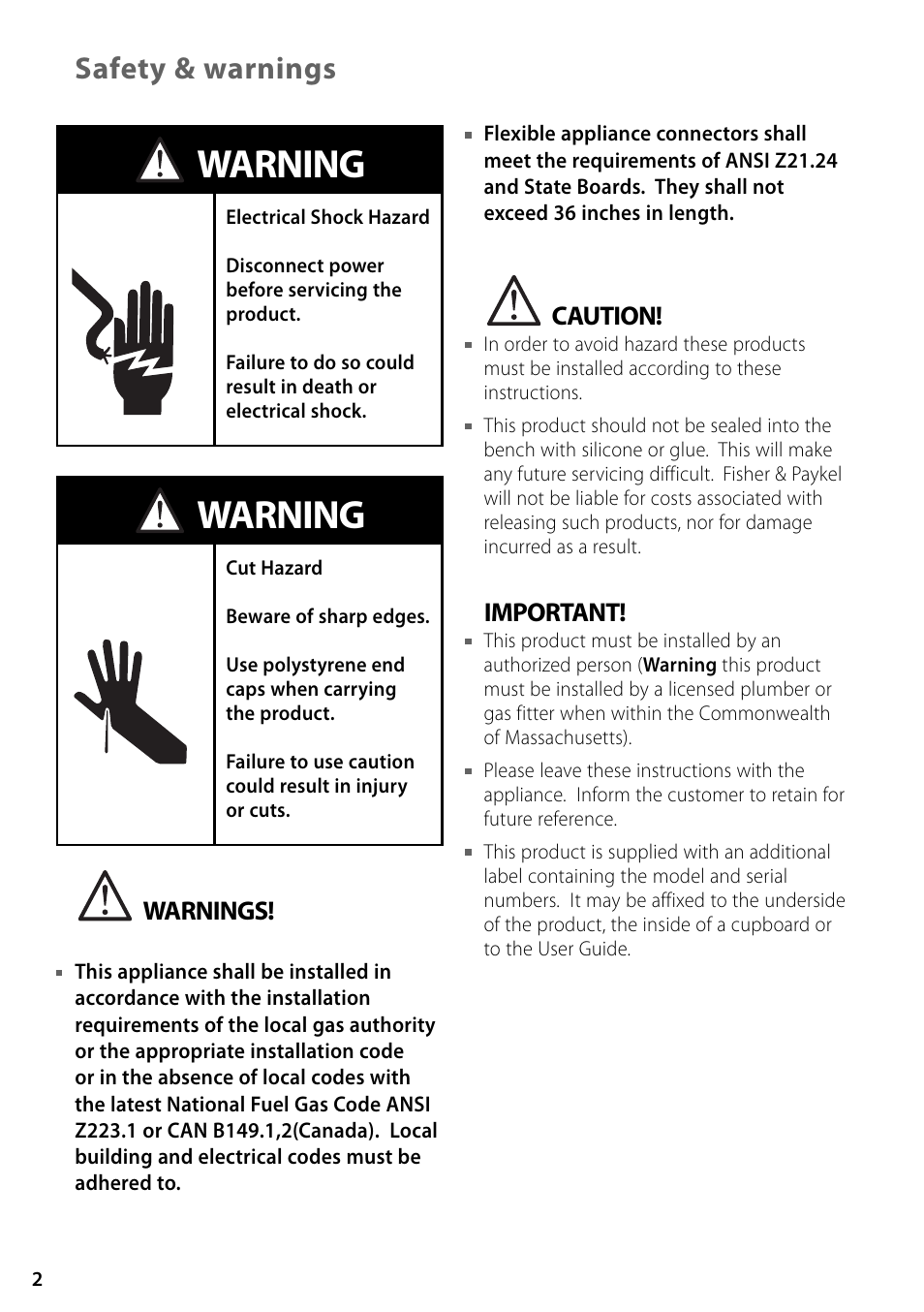 Warning, Safety & warnings | Fisher & Paykel GC36 User Manual | Page 2 / 32