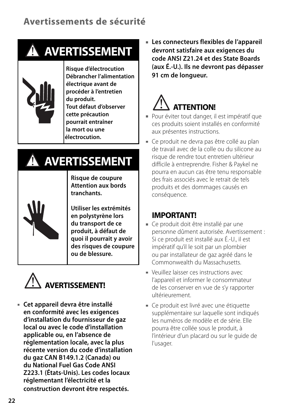 Avertissement, Avertissements de sécurité, Attention | Important | Fisher & Paykel GC36 User Manual | Page 22 / 32