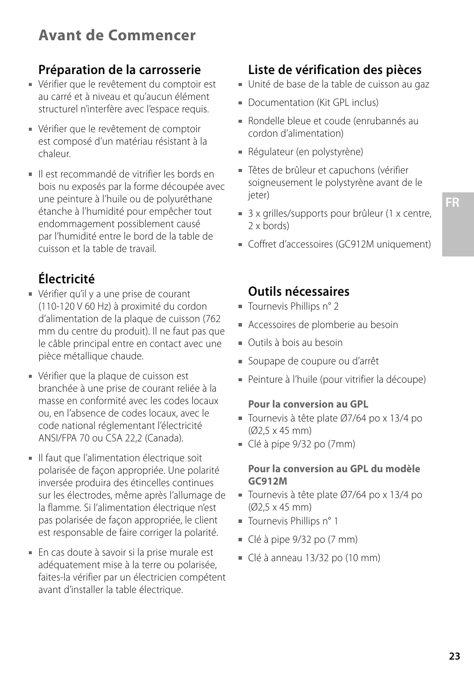 Avant de commencer, Fr préparation de la carrosserie, Électricité | Liste de vérification des pièces, Outils nécessaires | Fisher & Paykel GC36 User Manual | Page 23 / 32