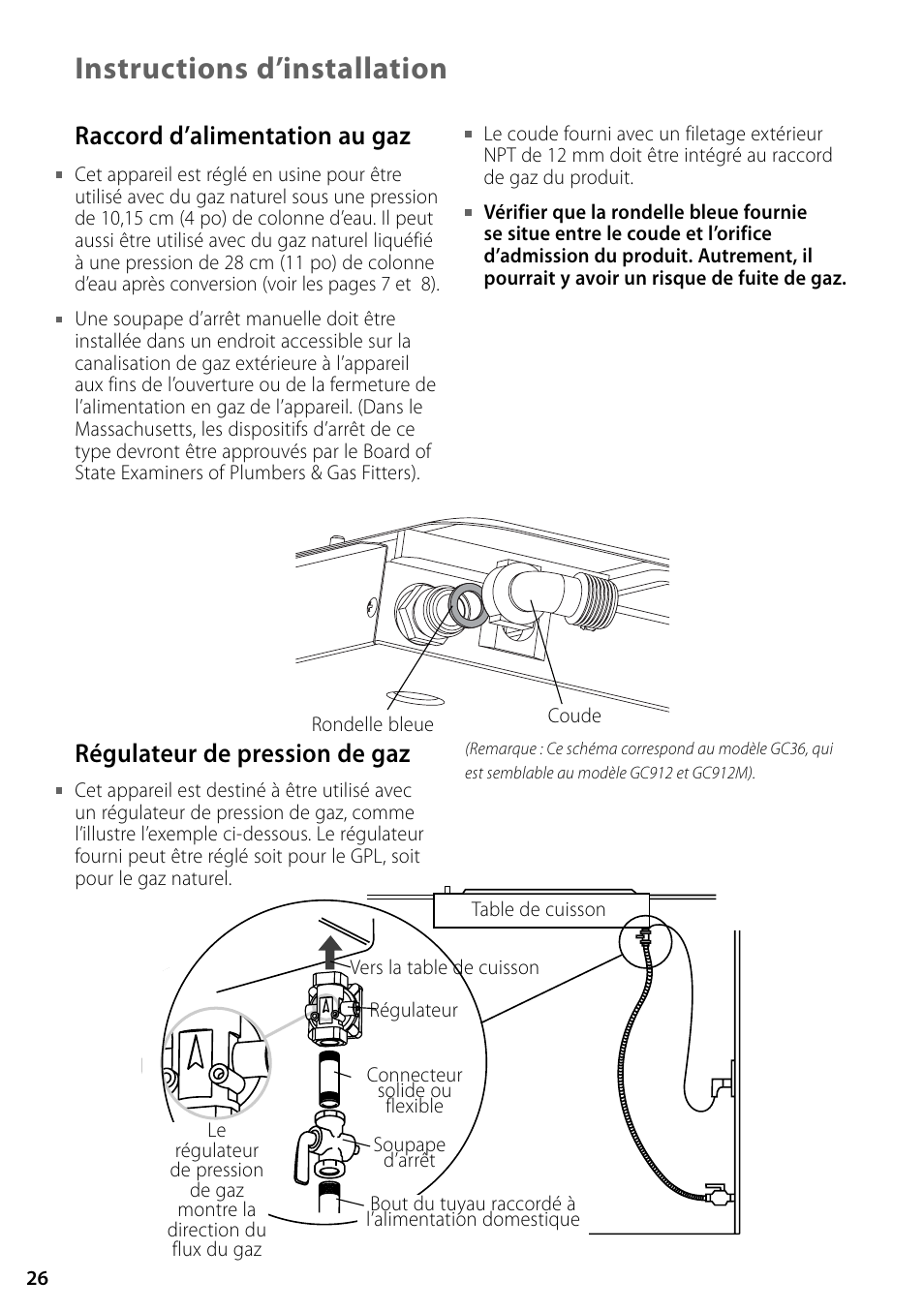 Instructions d’installation, Raccord d’alimentation au gaz, Régulateur de pression de gaz | Fisher & Paykel GC36 User Manual | Page 26 / 32