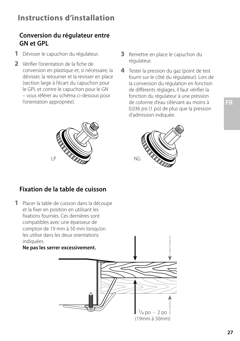 Instructions d’installation, Conversion du régulateur entre gn et gpl 1, Fixation de la table de cuisson 1 | Fisher & Paykel GC36 User Manual | Page 27 / 32