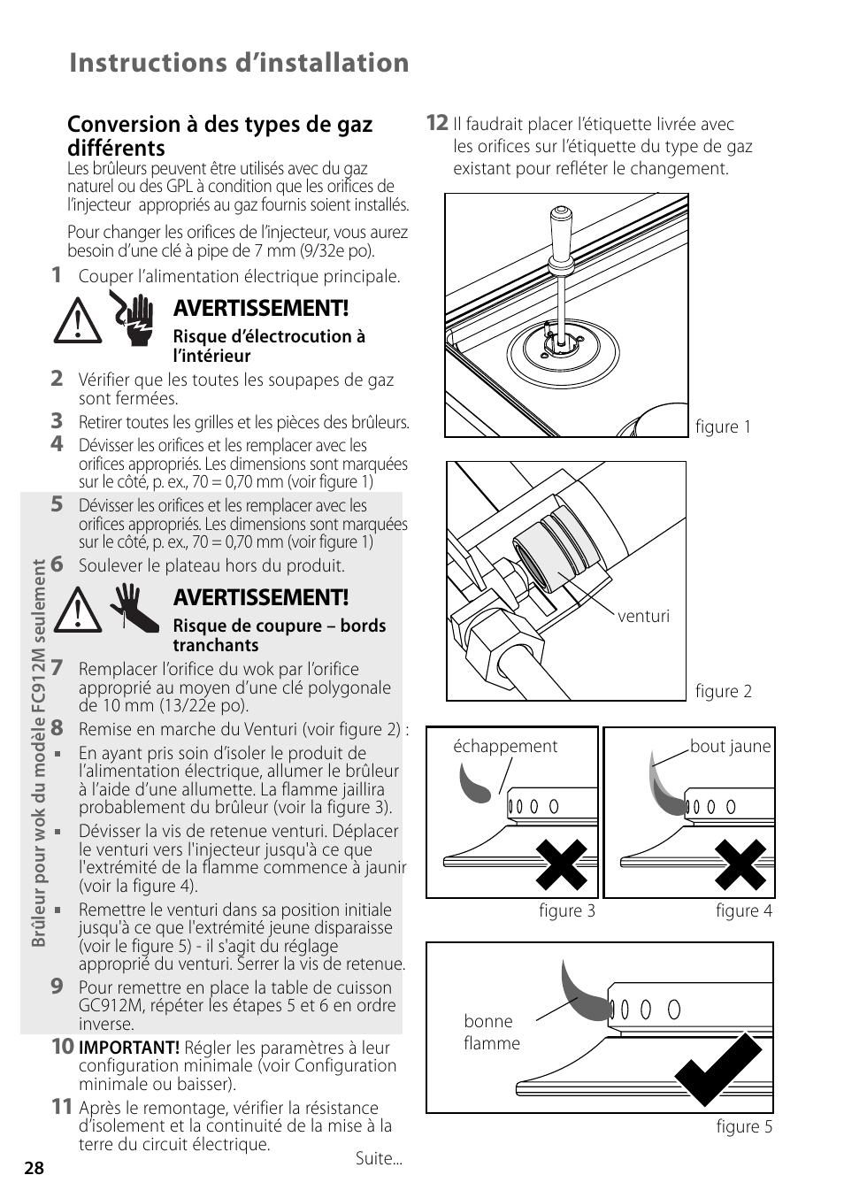 Instructions d’installation, Conversion à des types de gaz différents, Avertissement | Fisher & Paykel GC36 User Manual | Page 28 / 32