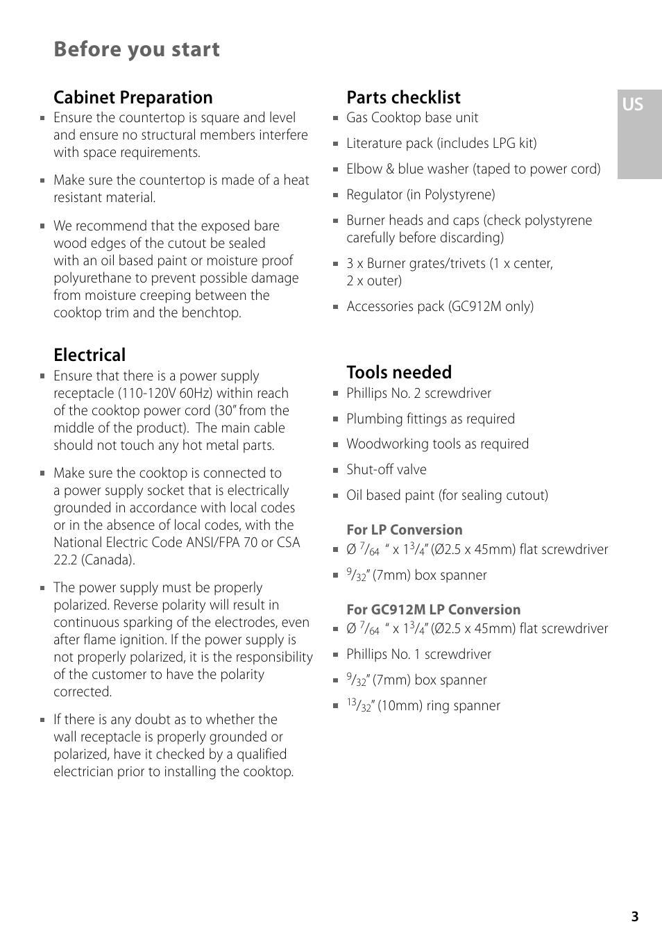 Before you start, Us cabinet preparation, Electrical | Parts checklist, Tools needed | Fisher & Paykel GC36 User Manual | Page 3 / 32