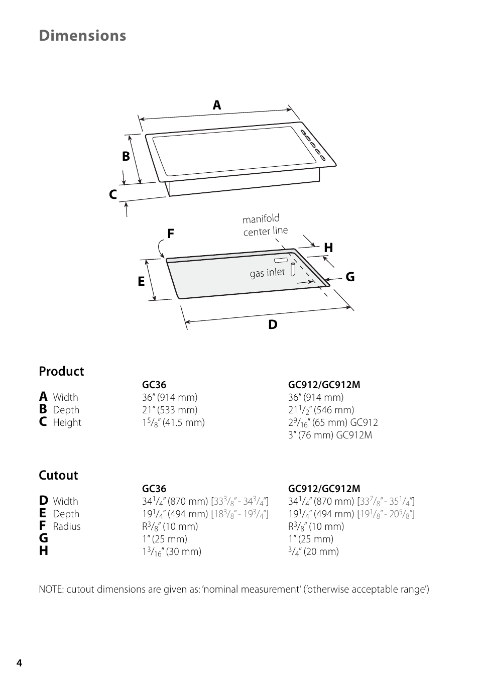 Dimensions, Product, Cutout | Fisher & Paykel GC36 User Manual | Page 4 / 32