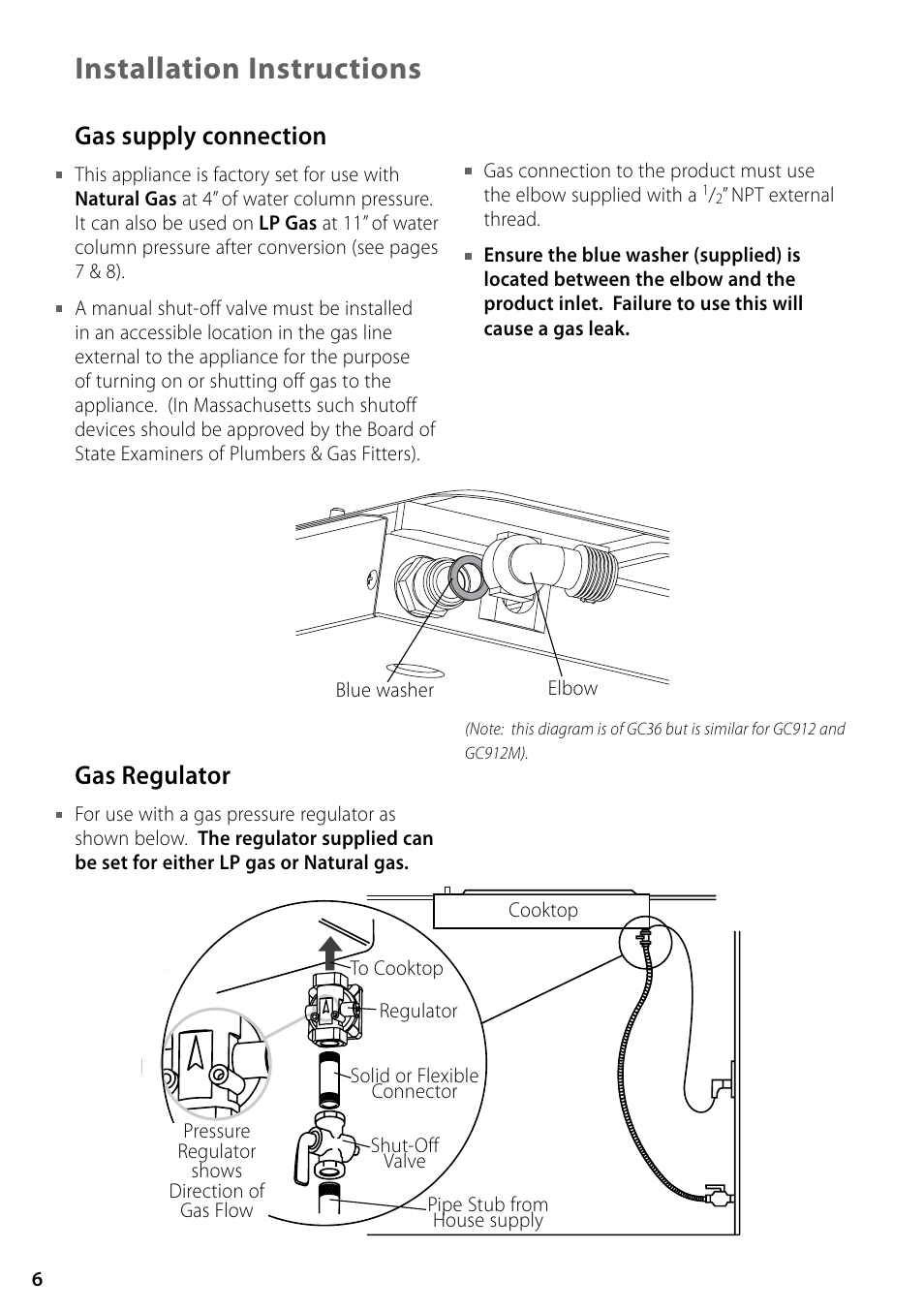 Installation instructions, Gas supply connection, Gas regulator | Fisher & Paykel GC36 User Manual | Page 6 / 32