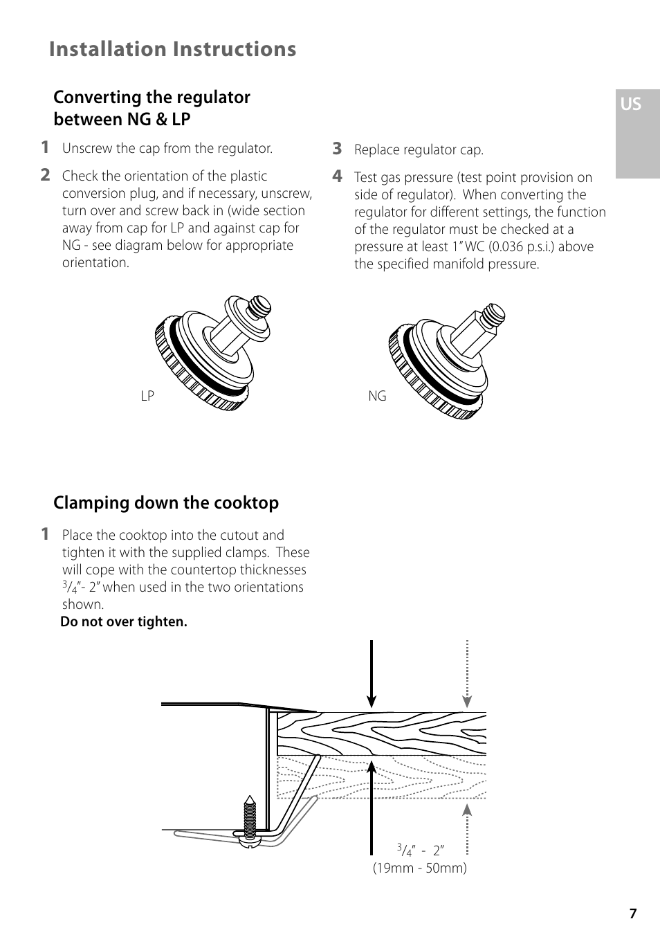 Installation instructions, Converting the regulator between ng & lp 1, Clamping down the cooktop 1 | Fisher & Paykel GC36 User Manual | Page 7 / 32