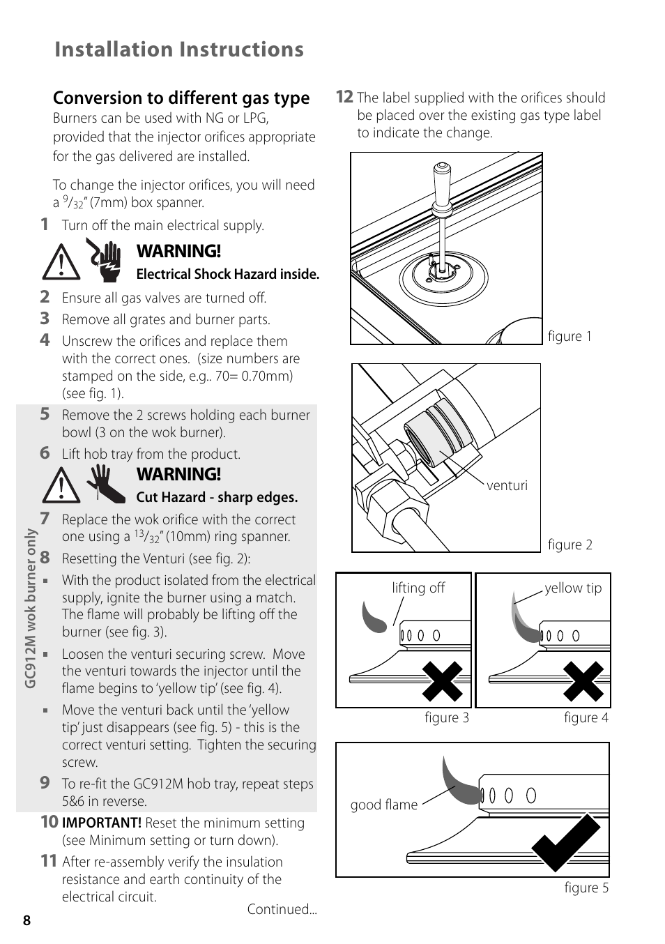 Installation instructions, Conversion to different gas type, Warning | Fisher & Paykel GC36 User Manual | Page 8 / 32