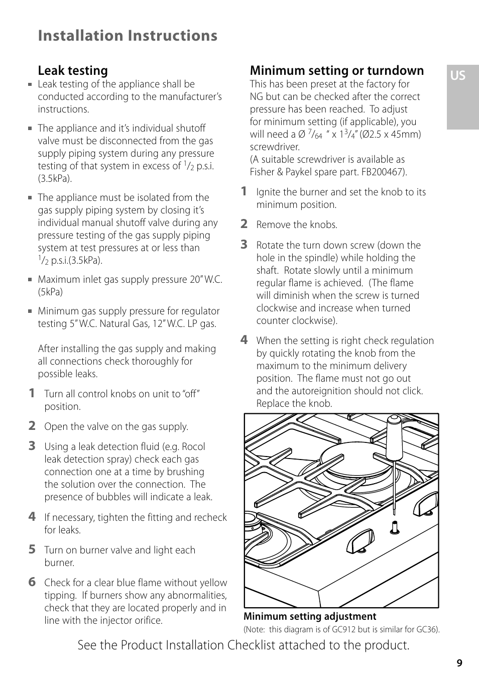 Installation instructions, Minimum setting or turndown, Leak testing | Fisher & Paykel GC36 User Manual | Page 9 / 32