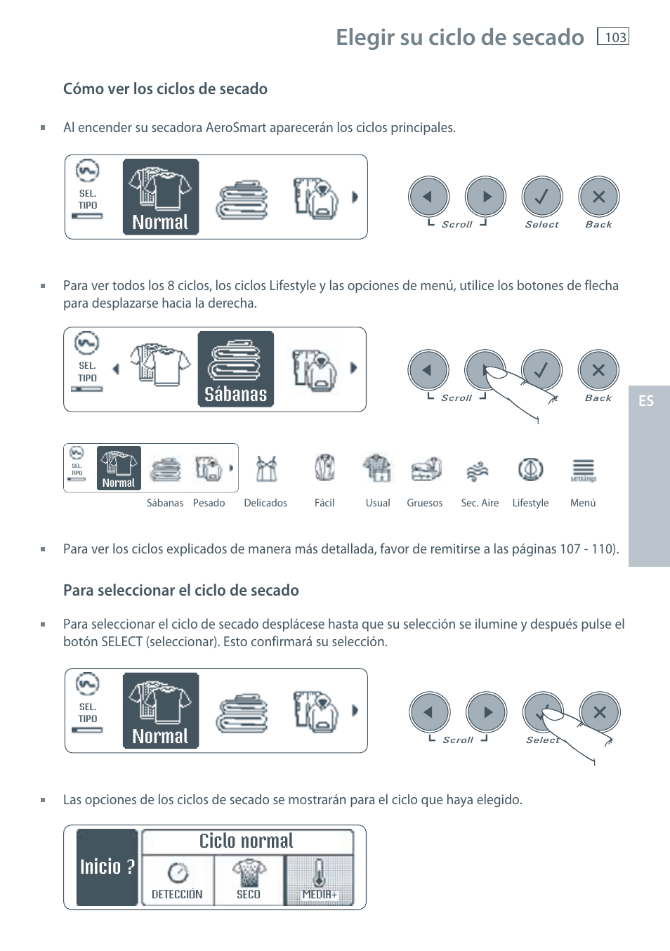 Elegir su ciclo de secado, Inicio, Normal | Sábanas, Ciclo normal, Cómo ver los ciclos de secado, Para seleccionar el ciclo de secado | Fisher & Paykel AeroSmart DG62T27C User Manual | Page 105 / 124