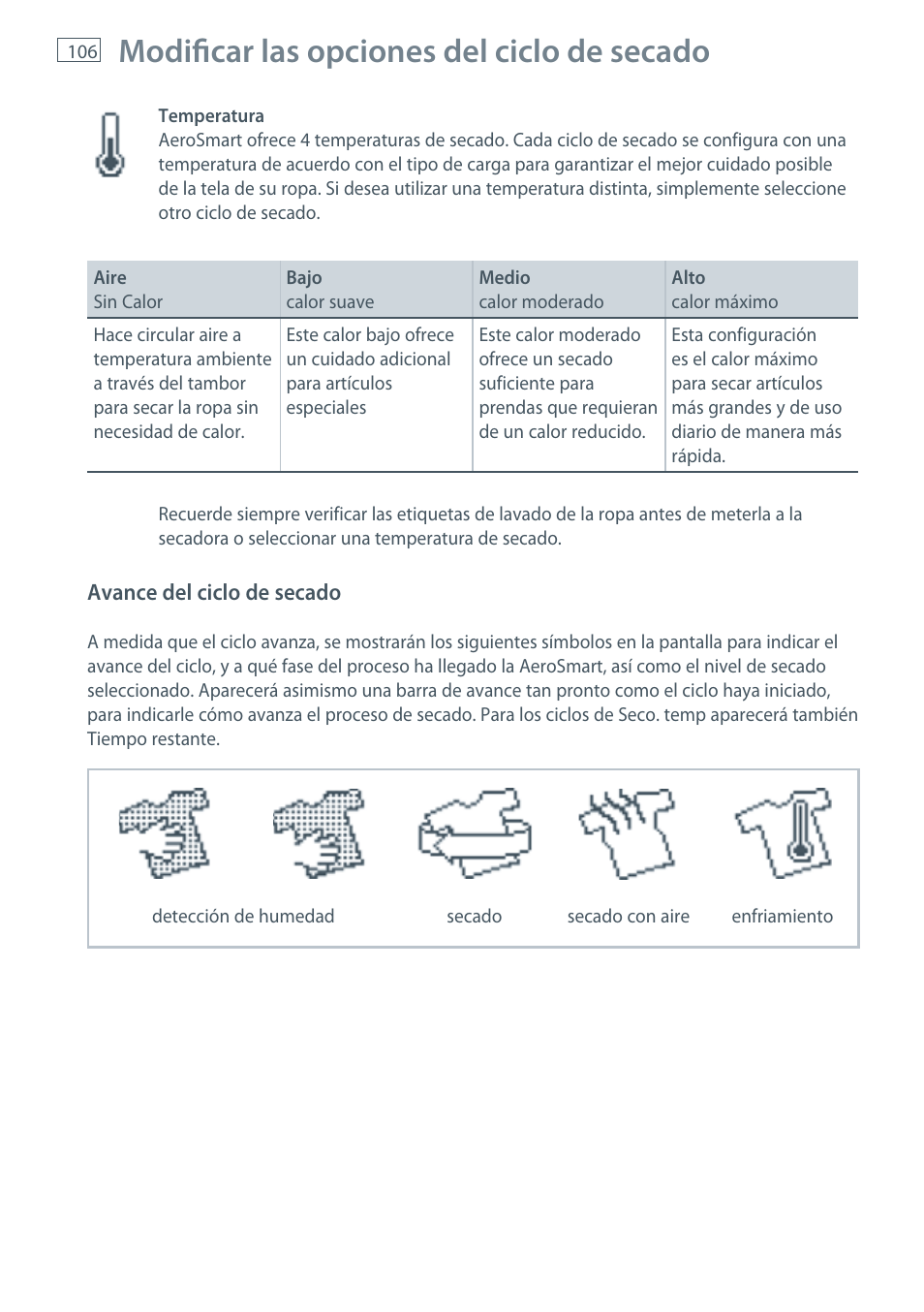 Modifi car las opciones del ciclo de secado | Fisher & Paykel AeroSmart DG62T27C User Manual | Page 108 / 124