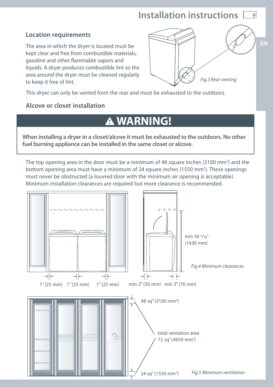 Warning, Installation instructions, Location requirements | Alcove or closet installation | Fisher & Paykel AeroSmart DG62T27C User Manual | Page 11 / 124