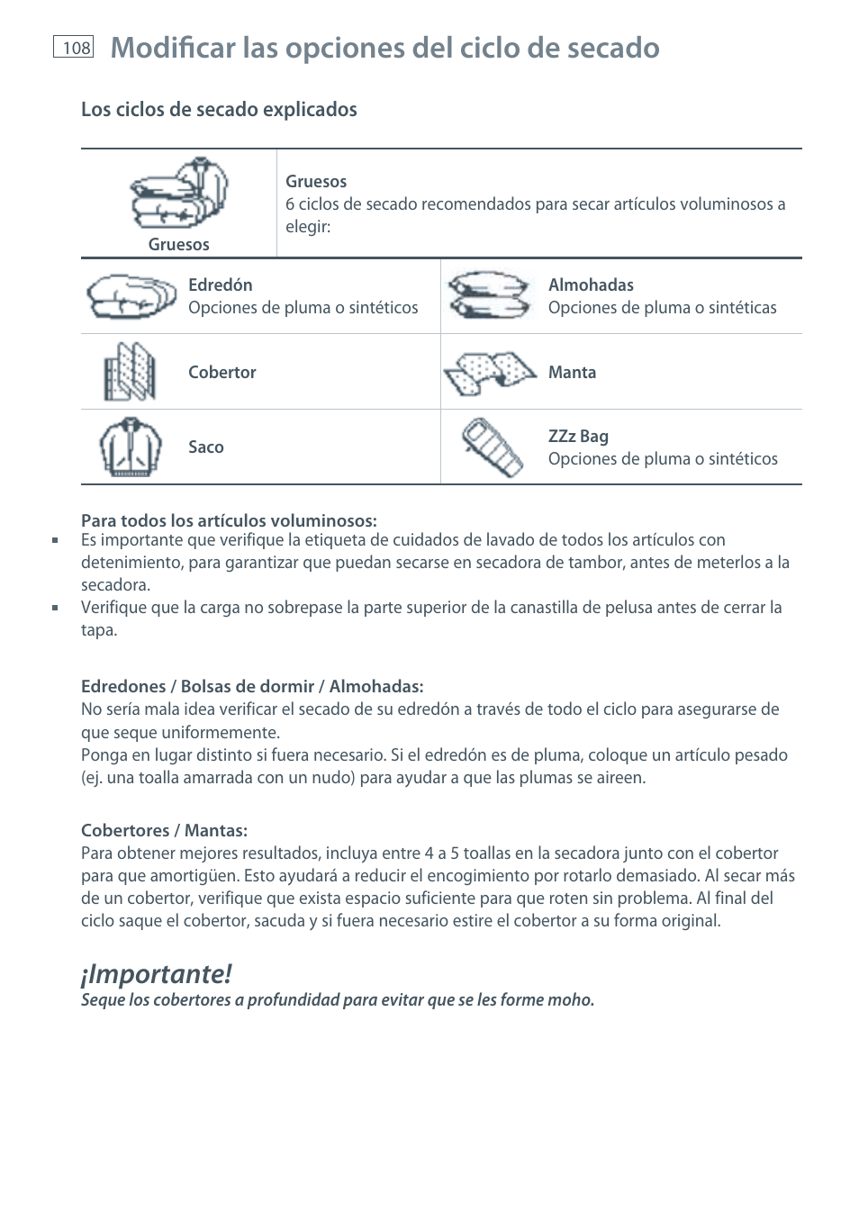 Modifi car las opciones del ciclo de secado, Importante | Fisher & Paykel AeroSmart DG62T27C User Manual | Page 110 / 124