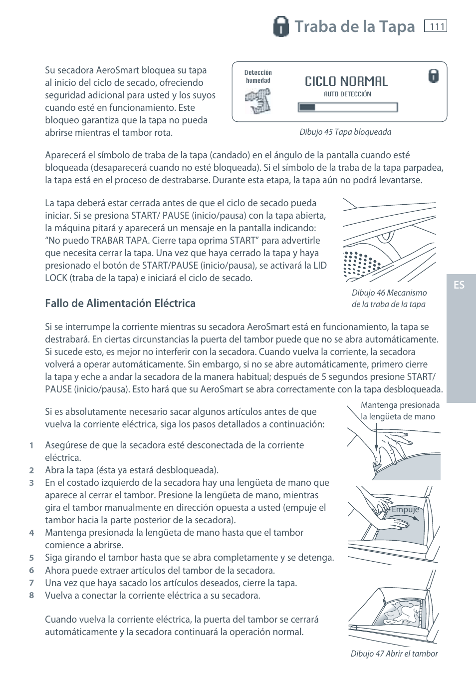 Traba de la tapa, Ciclo normal, Fallo de alimentación eléctrica | Fisher & Paykel AeroSmart DG62T27C User Manual | Page 113 / 124