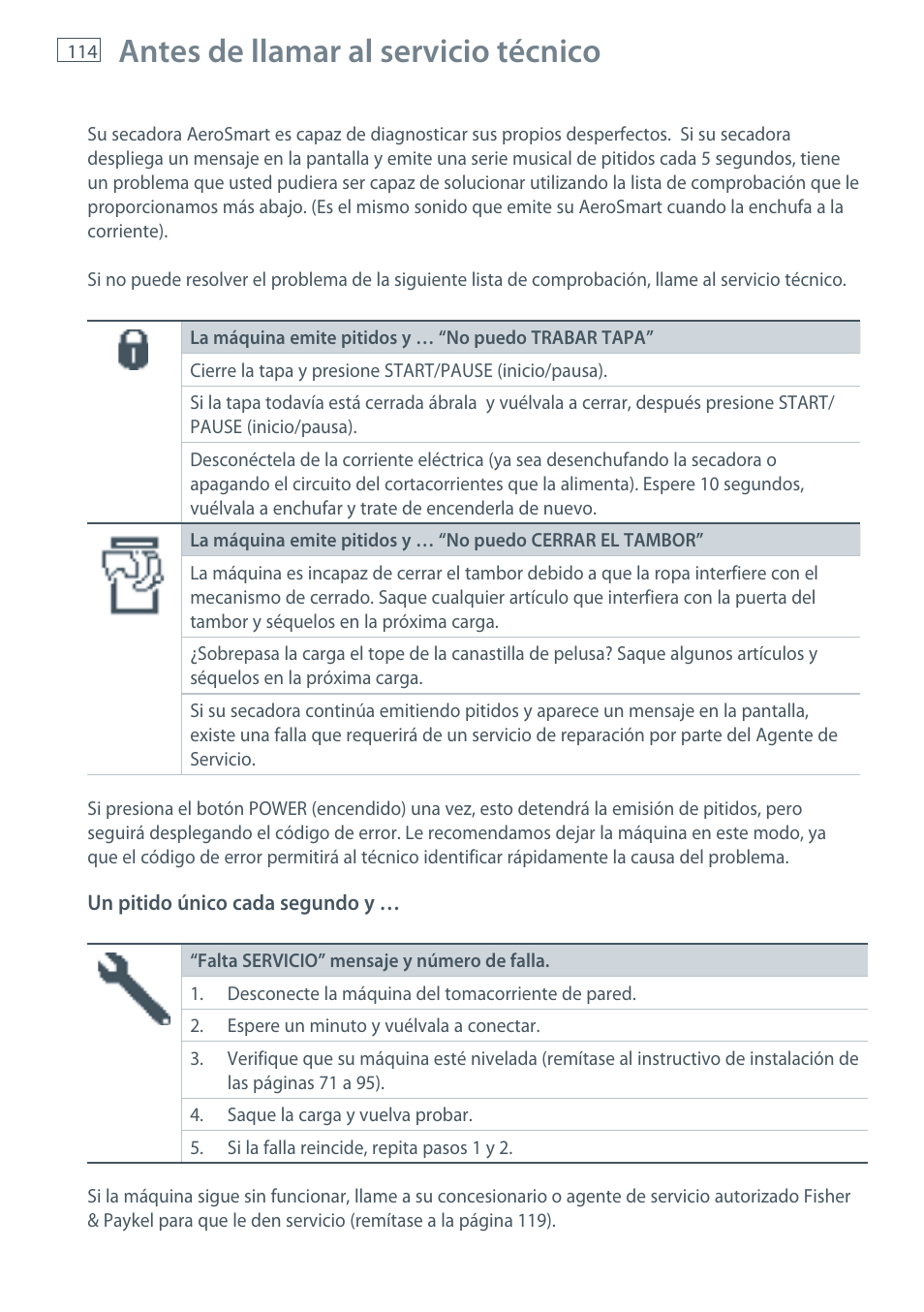 Antes de llamar al servicio técnico | Fisher & Paykel AeroSmart DG62T27C User Manual | Page 116 / 124
